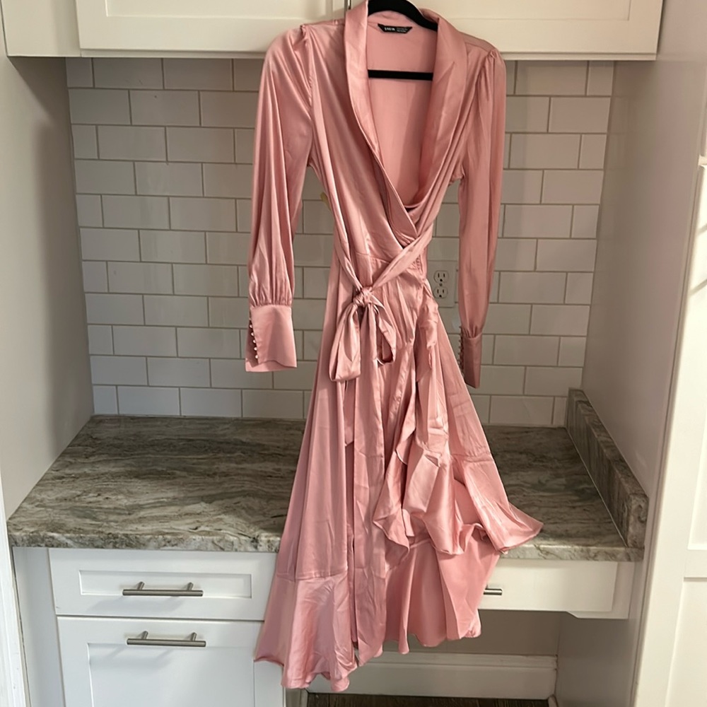 SHEIN Long Sleeve satin ruffle trim wrap dress, light pink, SZ Medium